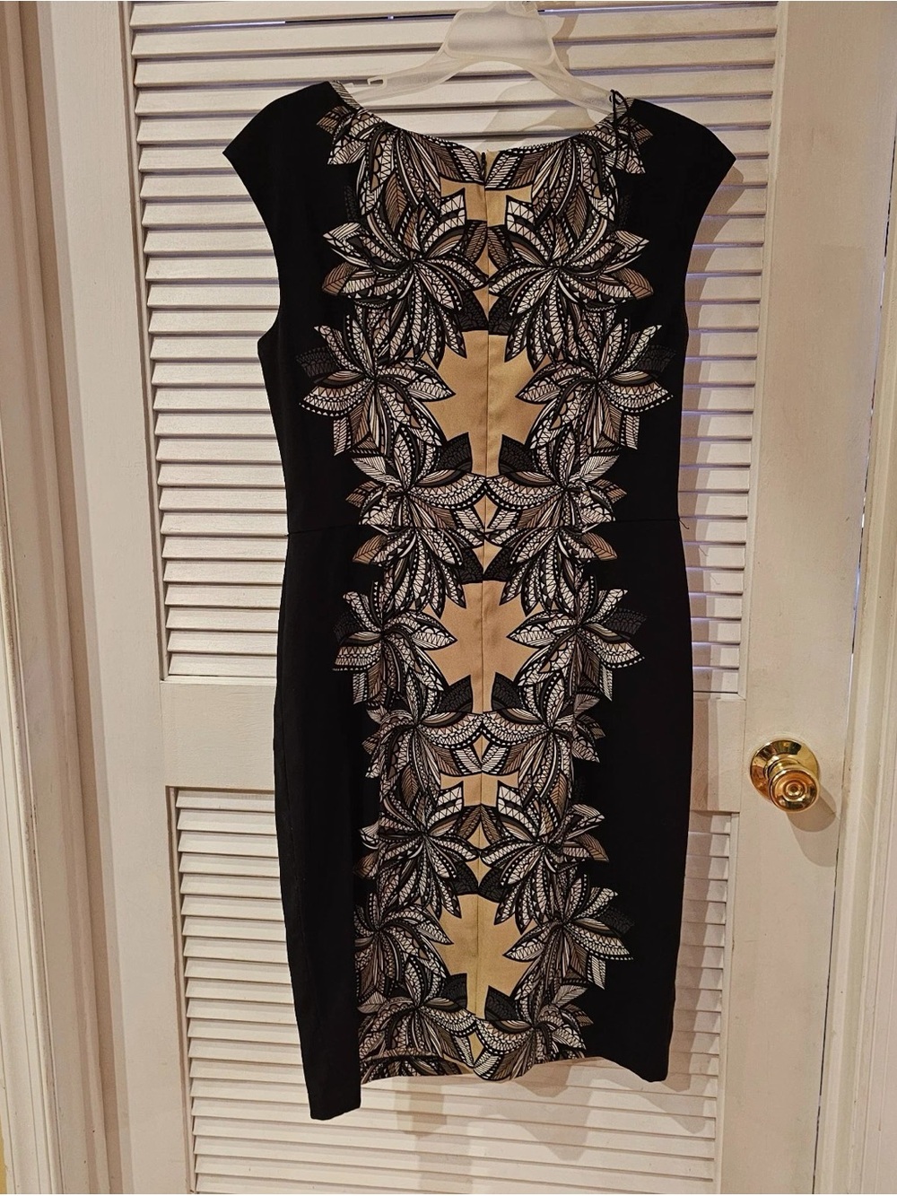 London Times Black Sheath Dress with Gold and White Leaf Embroidery